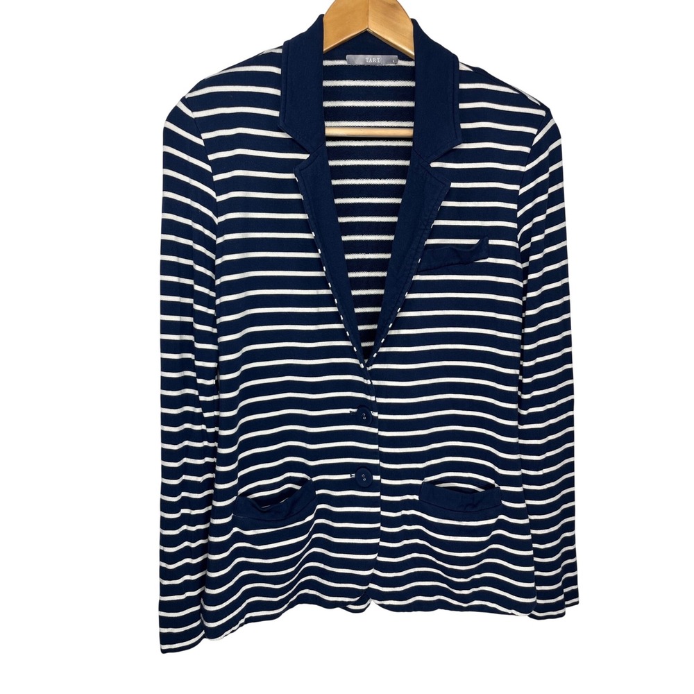 Tart Blazer Women Small Navy White Stripe Knit Two Button Stretch Notched Lapel‎